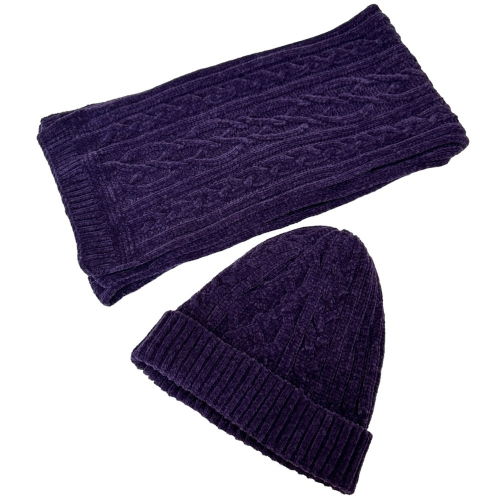 Purple Winter Knit Hat and Scarf Set
